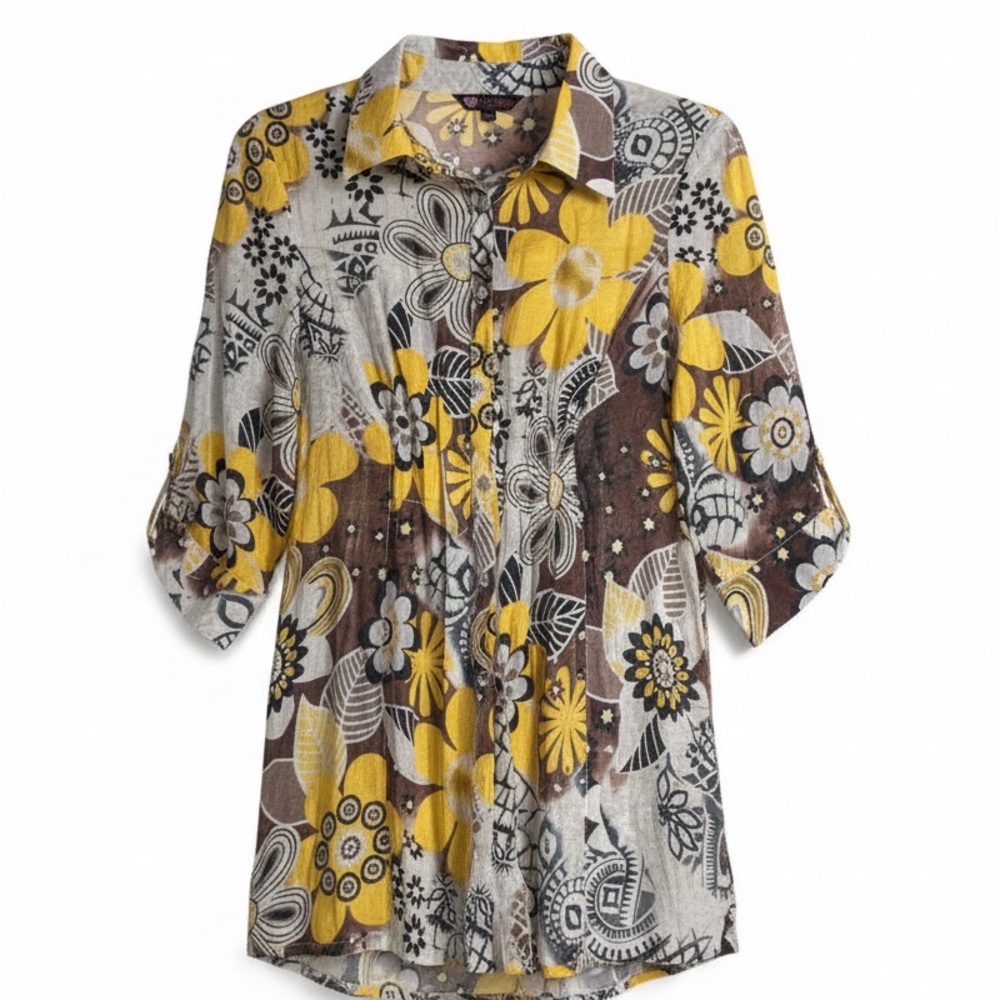 Vintage Passion Floral Button-Down Sheer Blouse